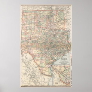 Affiches Carte vintage du Texas et de l'Oklahoma (1891)