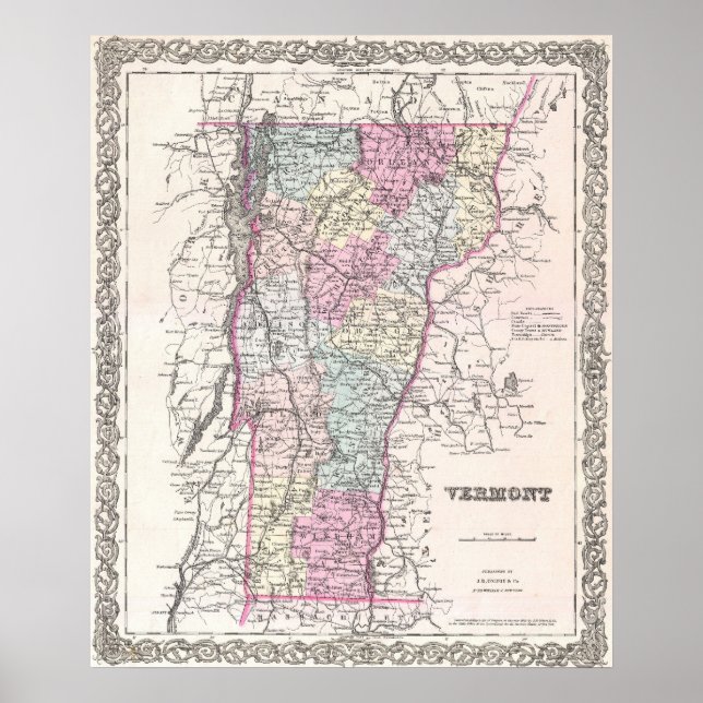 Affiches Carte vintage du Vermont (1855) (Devant)