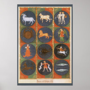Affiches Carte zodiaque céleste vintage, astrologique, 1475