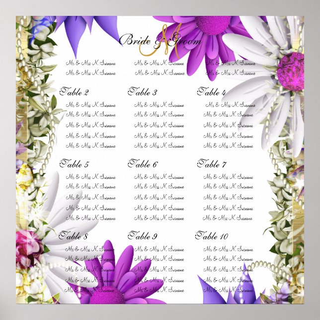 Affiches Cartes de sièges mariages violet rose (Devant)