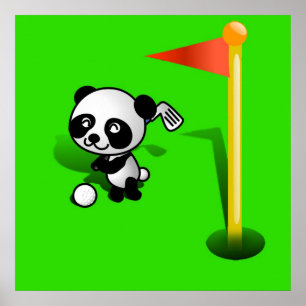 Affiches Cartoon Baby Panda Bear Golfing sur le vert