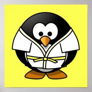 Affiches Cartoon Judo Penguin Arrière - plan jaune