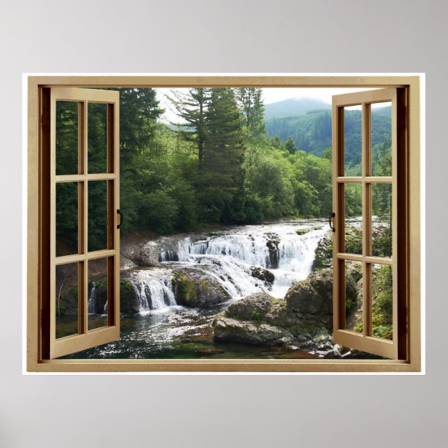 Affiches Cascade de rivière à fenêtre ouverte (Devant)