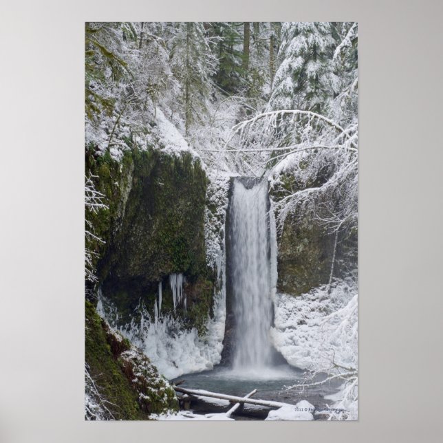 Affiches Cascade floue Entourée d'une forêt de neige (Devant)