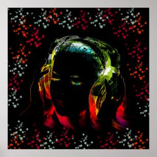 Affiches Casques de musique écoute fille Neon Colors Cadeau