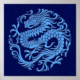 Affiches Cercle chinois bleu traditionnel de dragon
