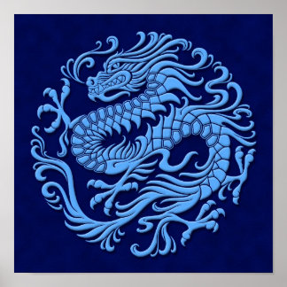 Affiches Cercle de dragon chinois bleu traditionnel