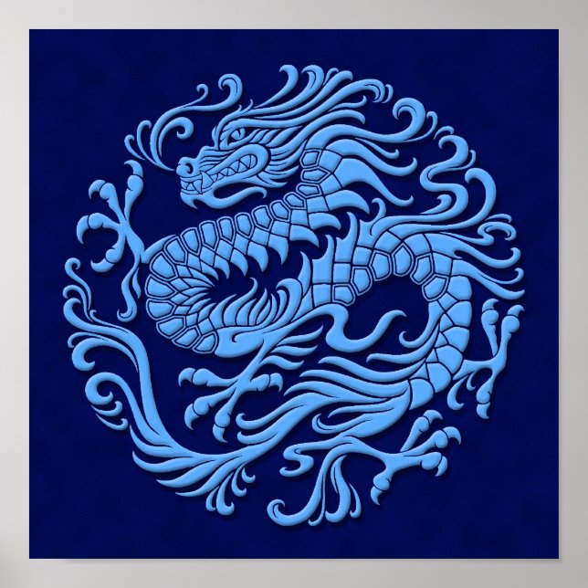 Affiches Cercle de dragon chinois bleu traditionnel (Devant)