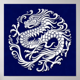 Affiches Cercle de dragon chinois traditionnel blanc et ble