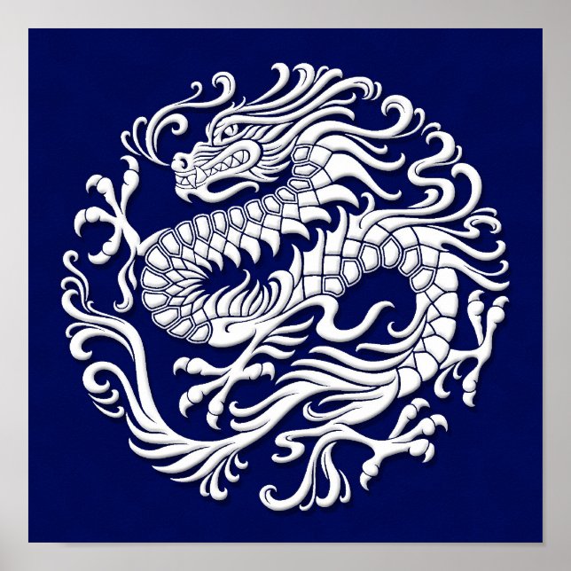 Affiches Cercle de dragon chinois traditionnel blanc et ble (Devant)