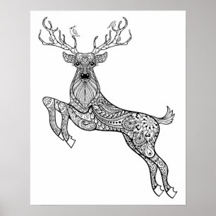 Affiches Cerf à cornes magiques avec oiseaux Doodle 2