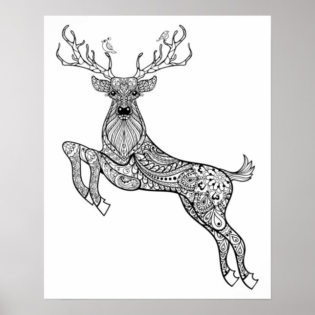 Affiches Cerf à cornes magiques avec oiseaux Doodle 2 (Devant)