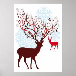 Affiches Cerf de Noël avec des rameurs d'arbres