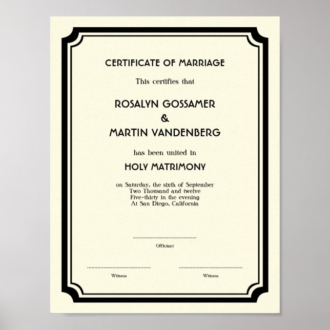 Affiches Certificat de mariage Black Deco frame keepsaké éc (Devant)