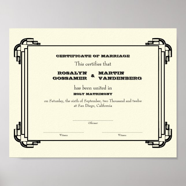 Affiches Certificat de mariage Black Deco frame keepsaké éc (Devant)