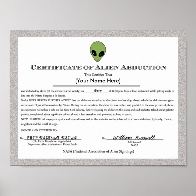 Affiches Certificat d'enlèvement d'Alien (Devant)