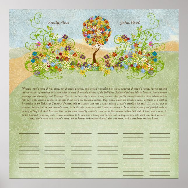 Affiches Certificat Mariage d'impression Quaker de l'arbre  (Devant)