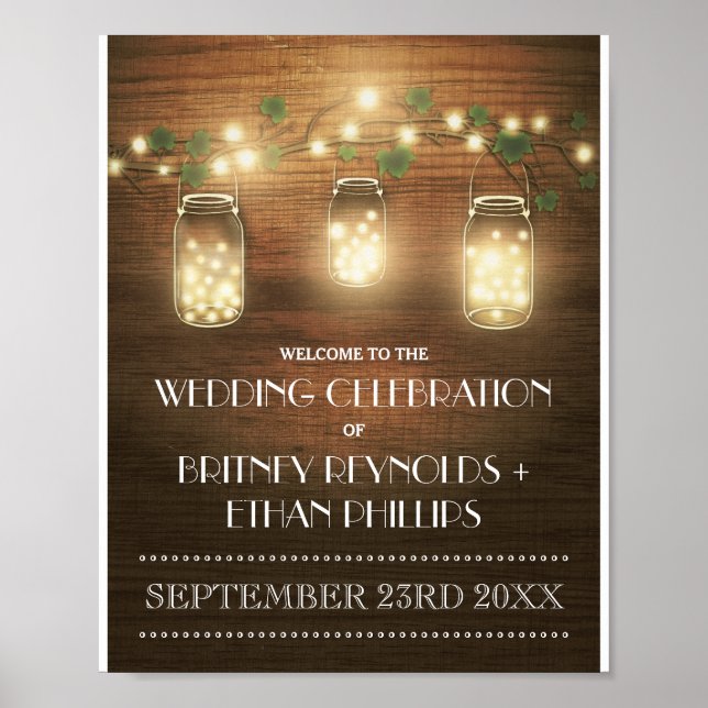 Affiches Chaîne Lumières Rustique Mason Jar Mariage Bienven (Devant)