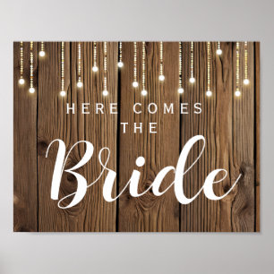 Affiches Chaîne rustique de lumières ici vient la mariée