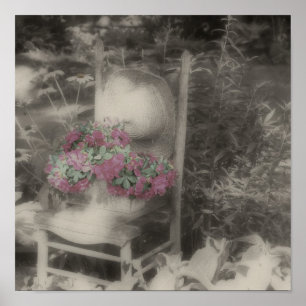 Affiches Chaise de jardin fleuri couleur partielle vintage
