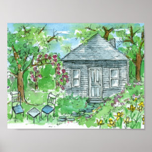 Affiches Chalet Jaune Daffodil Aquarelle Maison