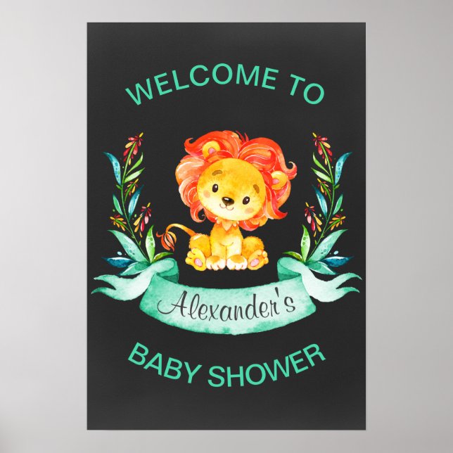 Affiches Chalkboard Watercolor Lion Baby Shower (Devant)