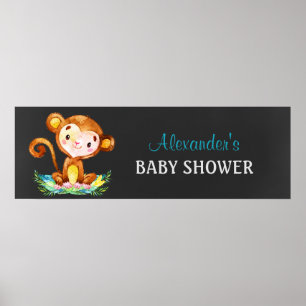 Affiches Chalkboard Watercolor Monkey Boy Baby shower