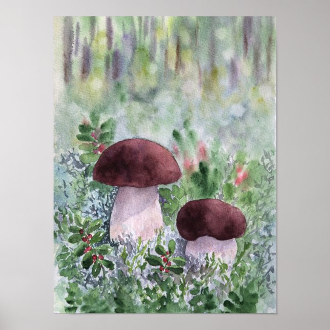 Affiches Champignons de Porcini dans la forêt (Devant)