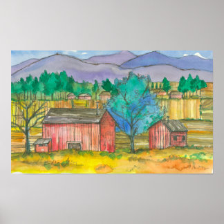 Affiches Champs agricoles Granges rouges Aquarelle Paysage