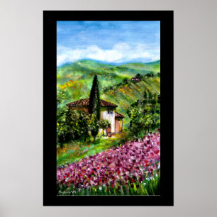 AFFICHES CHAMPS D'IRIS PURPLE DANS LE PAYSAGE VERT TUSCANS
