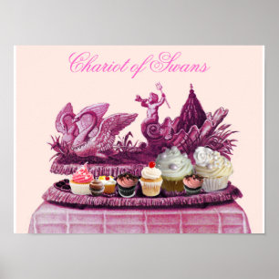 AFFICHES CHAR CHARRETTE ROSE ANTIQUE DE CYGNES ET CUPCAKES