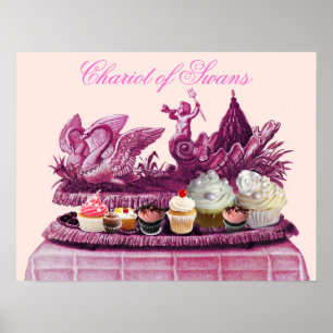 AFFICHES CHAR CHARRETTE ROSE ANTIQUE DE CYGNES ET CUPCAKES