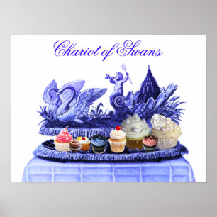 AFFICHES CHARIOT BLEU ANTIQUE DE CYGNES ET CUPCAKES