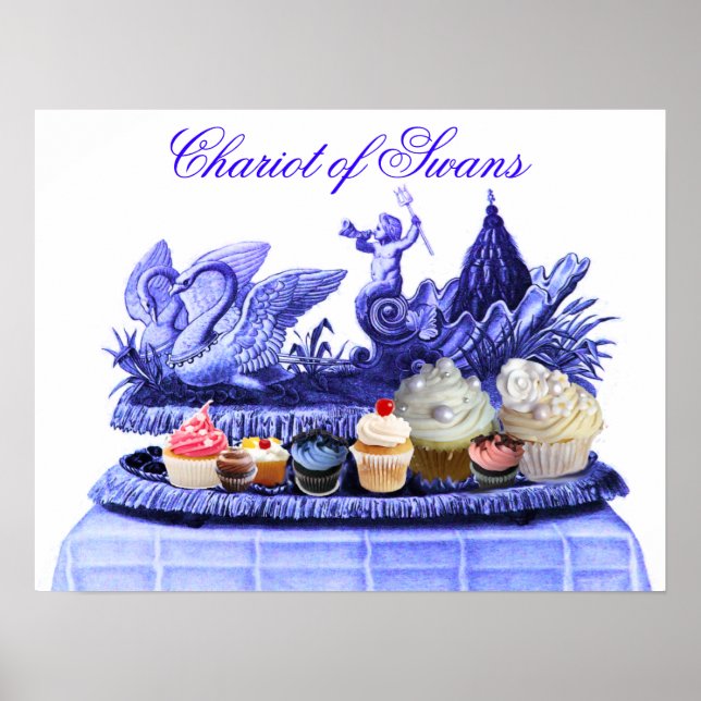 AFFICHES CHARIOT BLEU ANTIQUE DE SWANS ET CUPCAKES (Devant)