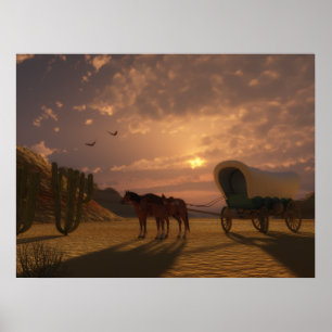 Affiches Chariot couvert au coucher du soleil - gros