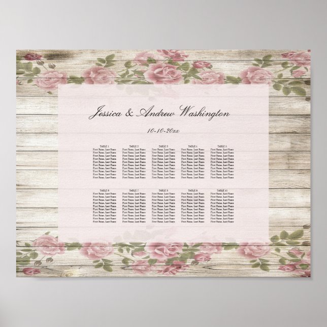 Affiches Chartes de sièges de mariage avec des roses rustiq (Devant)