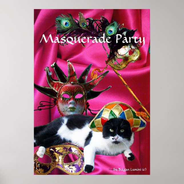 AFFICHES CHAT AVEC CASQUETTE HARLEQUIN ET MASQUERADE DE FÊT (Devant)