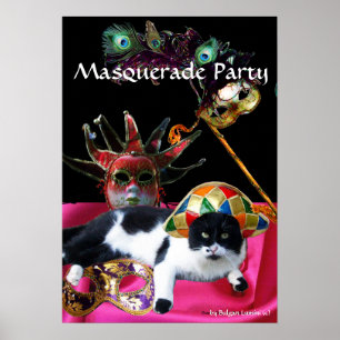 AFFICHES CHAT AVEC CASQUETTE HARLEQUIN ET MASQUERADE DE FÊT