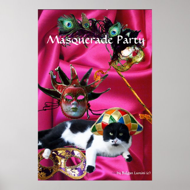AFFICHES CHAT AVEC CHAPEAU D'ARLEQUIN ET MASQUES DE BAL MAS (Devant)