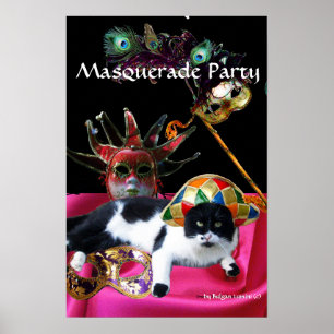 AFFICHES CHAT AVEC CHAPEAU D'ARLEQUIN ET MASQUES DE BAL MAS