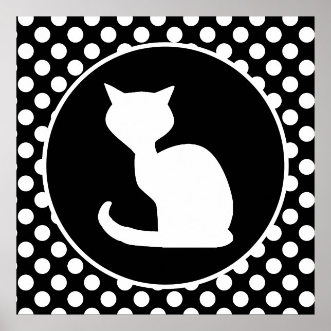 Affiches Chat blanc sur Pois noir et blanc (Devant)