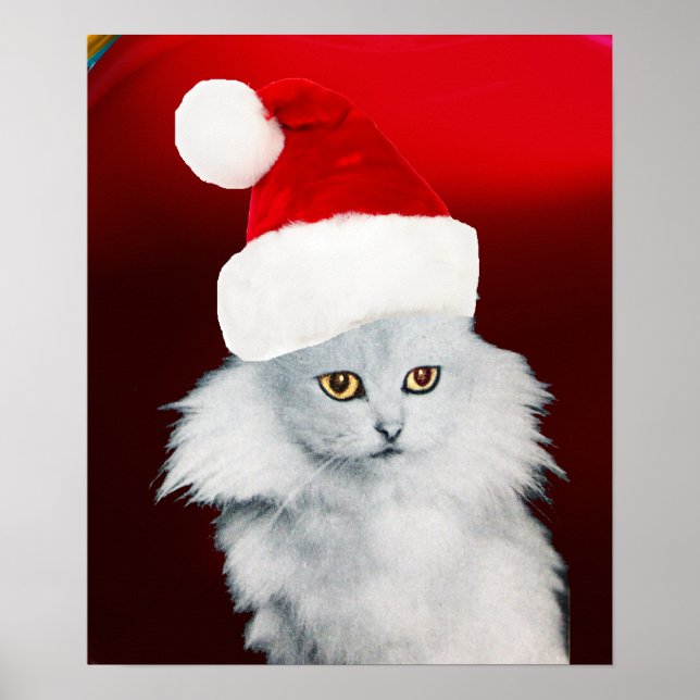 Affiches CHAT DE NOËL BLANC AVEC CASQUETTE SANTA CLAUS, Rub (Devant)