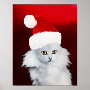 Affiches CHAT DE NOËL BLANC AVEC CHAPEAU DE PÈRE NOËL ,Rubi