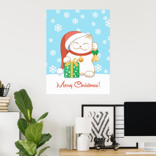 Affiches Chat de Noël blanc dans un Casquette rouge