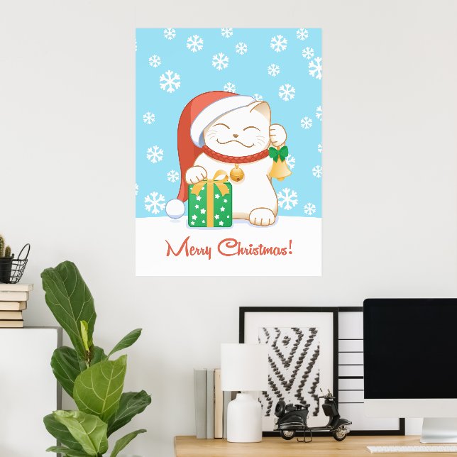 Affiches Chat de Noël blanc dans un Casquette rouge (Bureau à domicile)