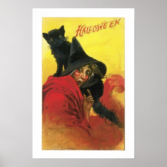 Affiches Chat et sorcière d'Halloween vintage (Devant)