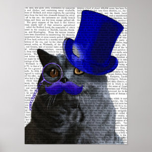 Affiches Chat gris au chapeau bleu et à la moustache bleue