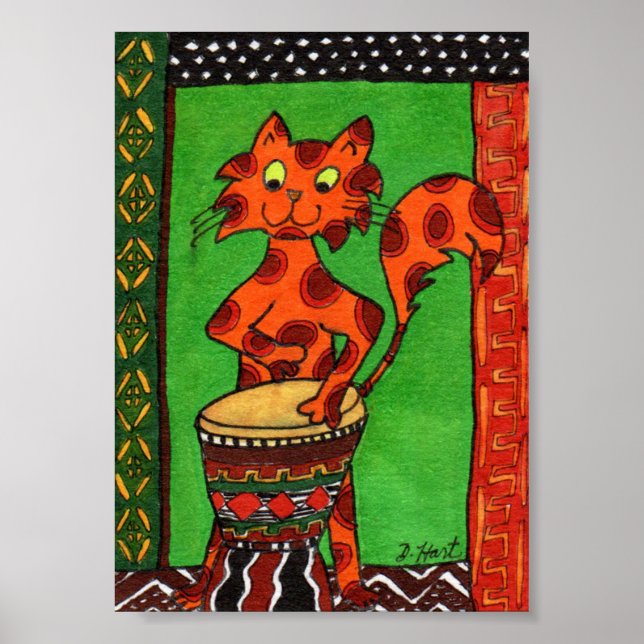 Affiches Chat Jouer Djembe Africain Drum Mini Art Folk (Devant)