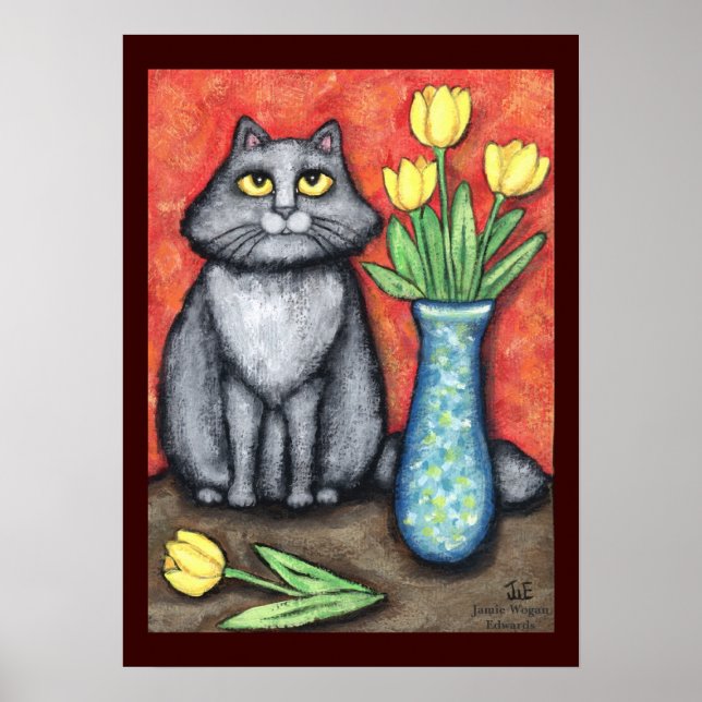 Affiches Chat Maine Coon Avec Tulipe Art Imprimer (Devant)