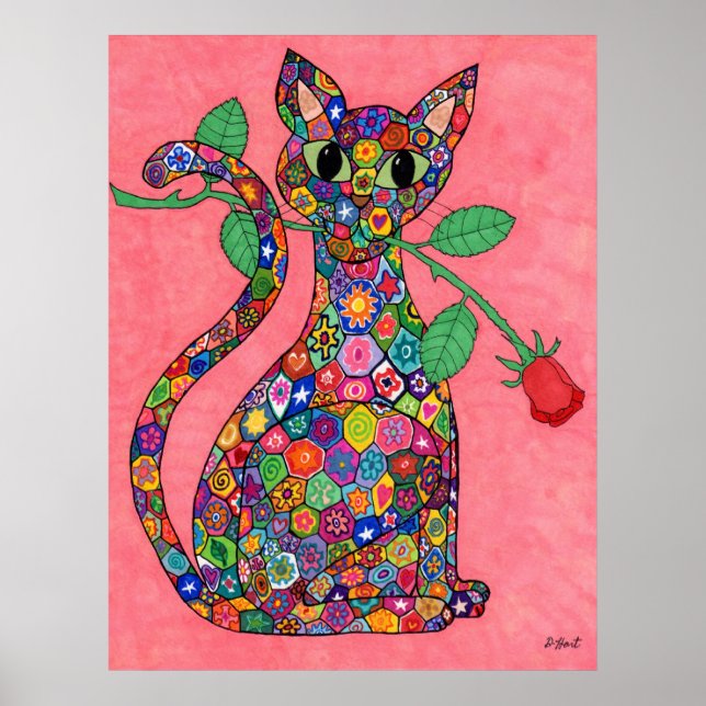 Affiches Chat Millefiori avec Rose Rouge (Devant)